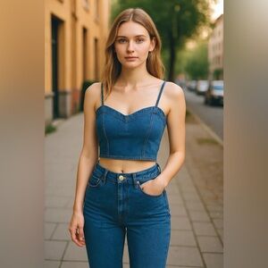 Lone Star Denim Bustier Smocked Crop Top Size M NWT